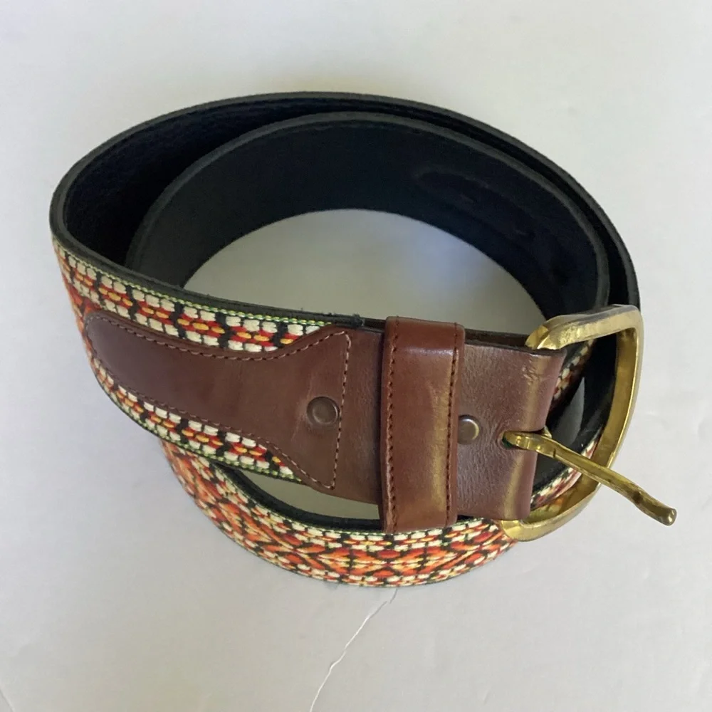 Tex Tan Genuine Leather Belt Handcrafted Southwest Woven Design Brass Buckle 38